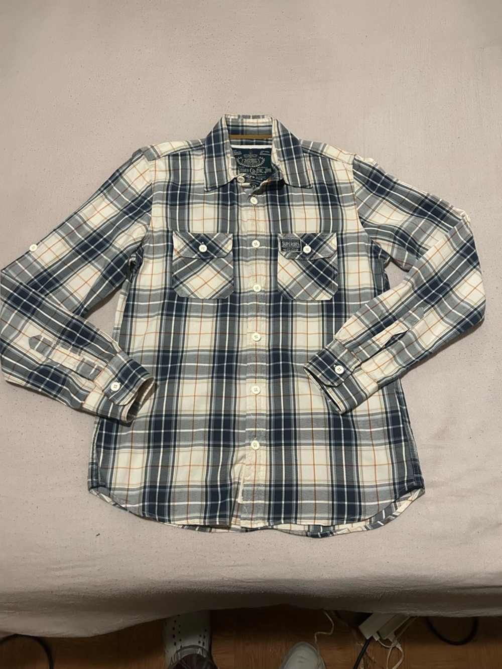 Superdry Men's Long Sleeve Plaid Shirt - Navy, White & Tan Accents